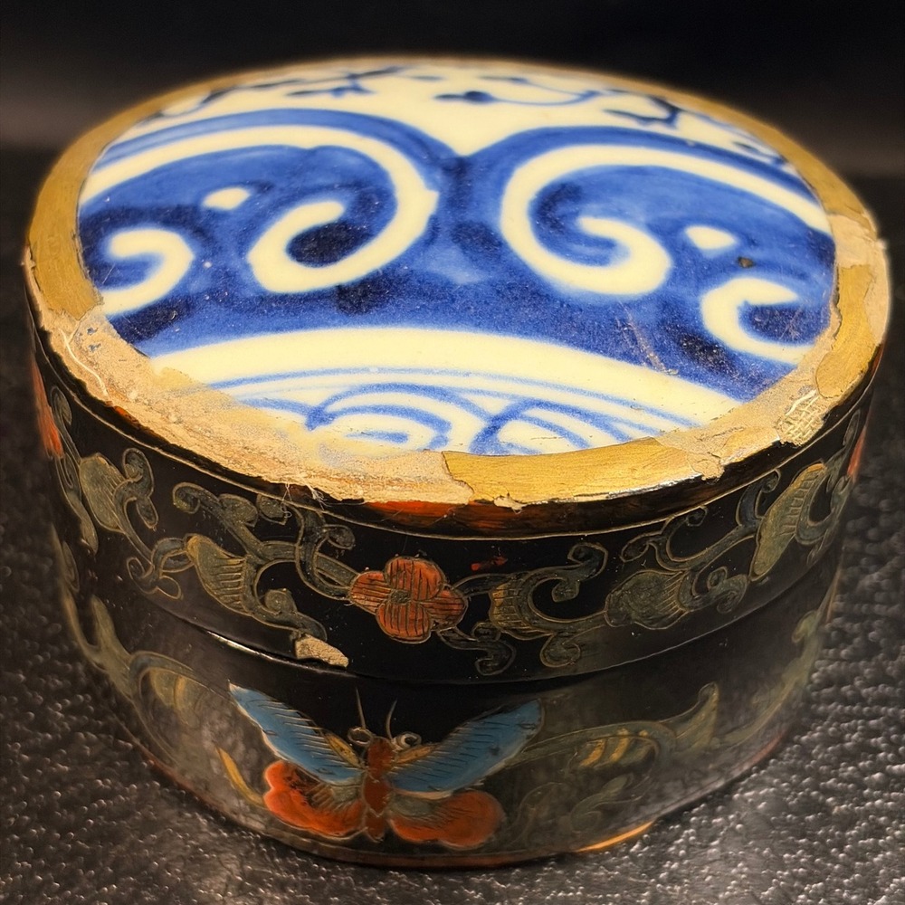 Antique Chinese Lacquer Trinket Box Blue White Porcelain Butterfly Hand Painted